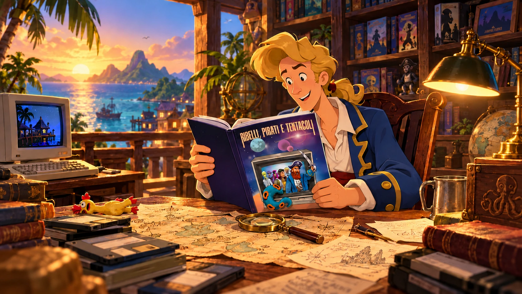 Guybrush fra libri, mappe e memoria delle avventure. Omaggio illustrato del Monkey Island Site.