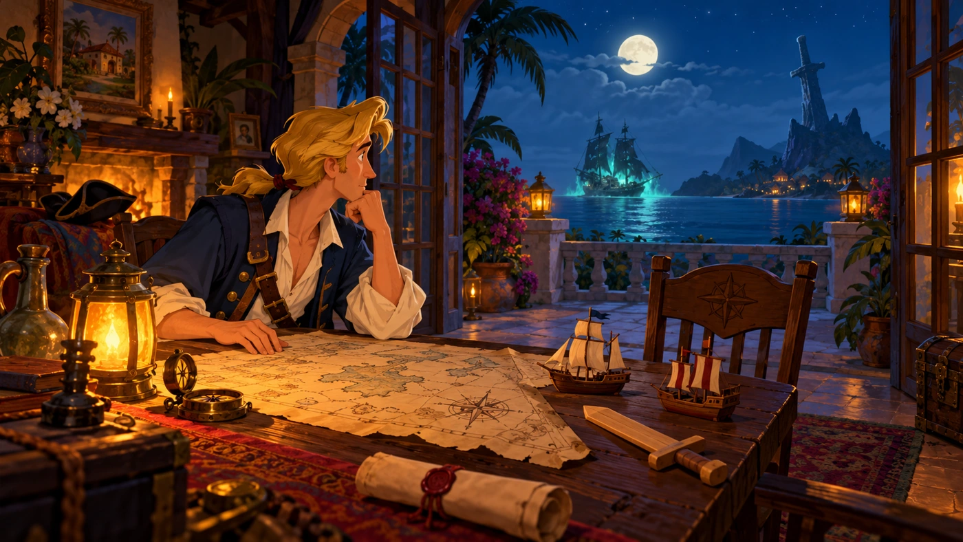La quiete di Guybrush nella sua villa a Booty Island si spezza: un ritorno minaccioso lo costringe a ripartire verso Sword Island.
