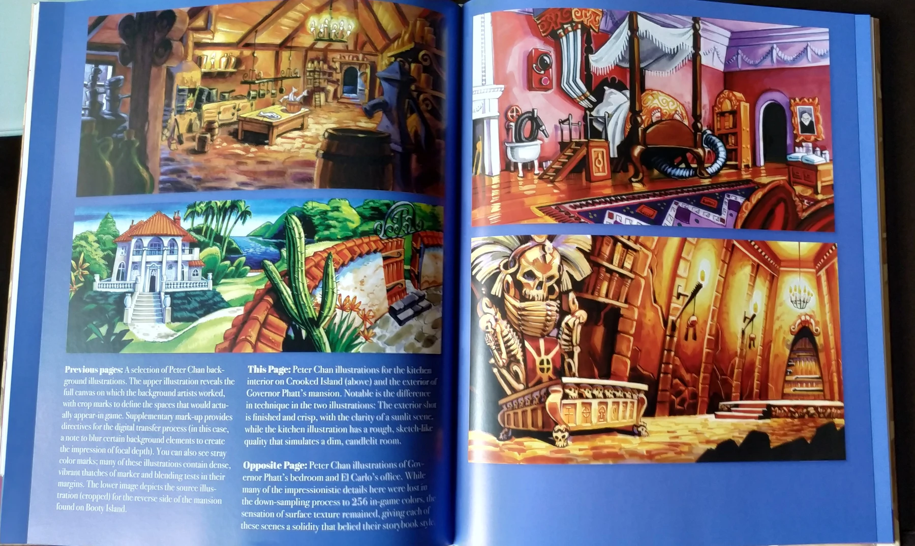 Una doppia pagina illustrata del libro con ambienti di Monkey Island