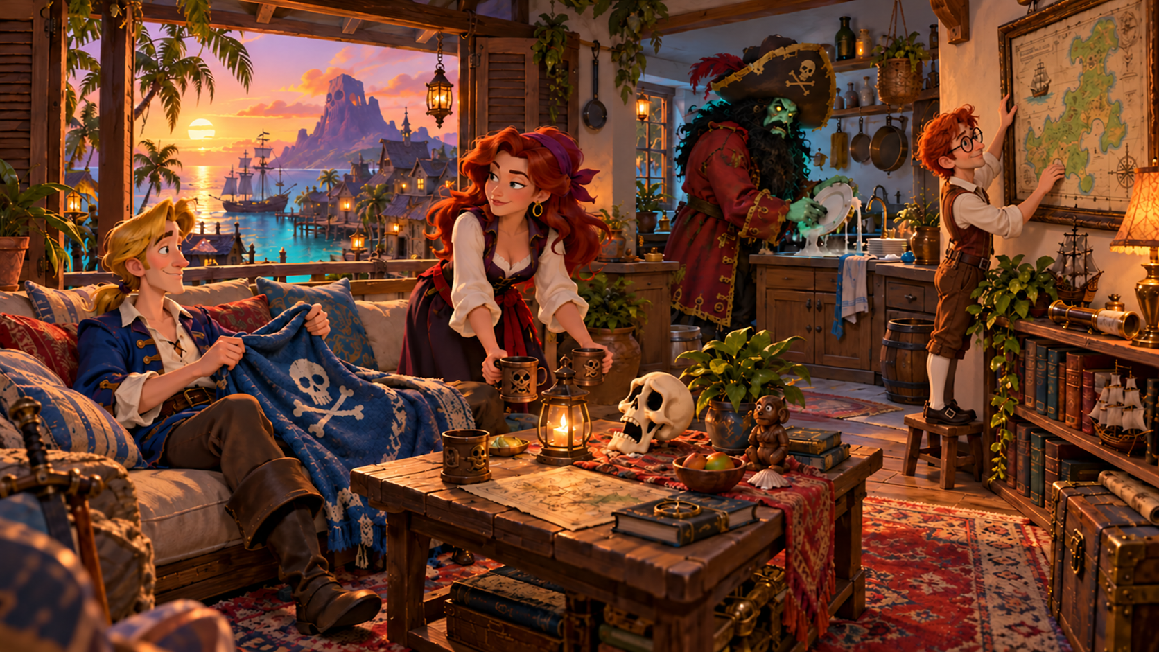 Guybrush, Elaine, LeChuck, Wally e Murray alle prese con la vita domestica in una casa caraibica.