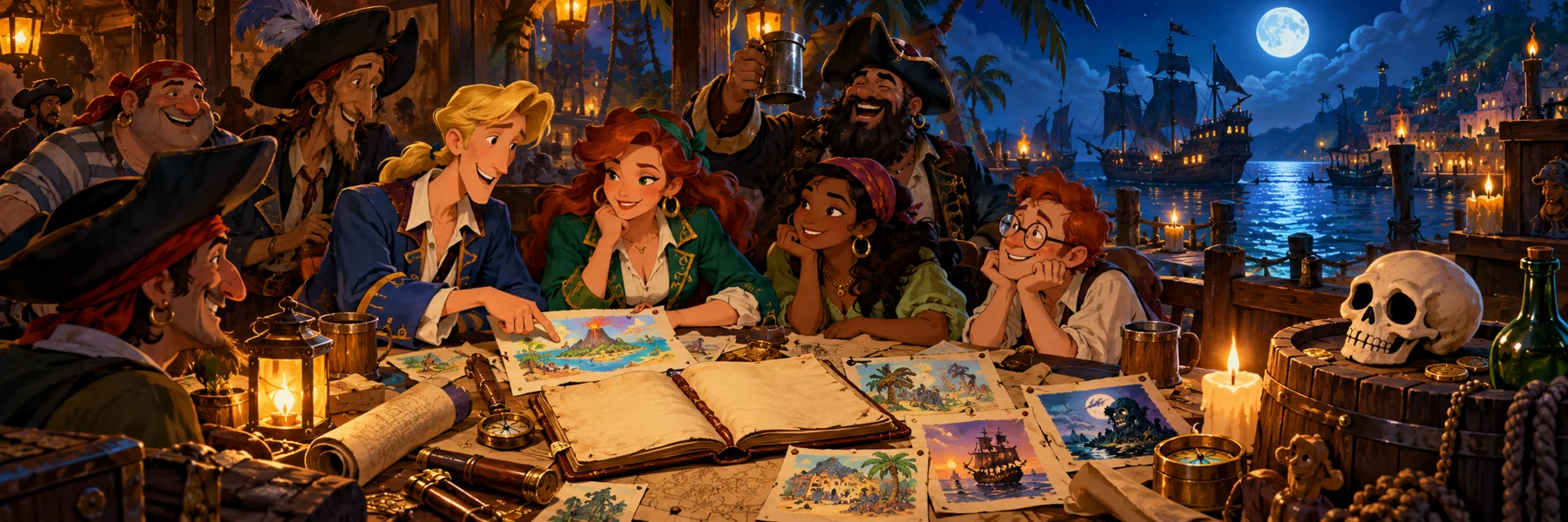 Guybrush, Elaine e una ciurma di pirati si ritrovano in una taverna sul porto, tra disegni, racconti e un brindisi. Omaggio illustrato alla community.