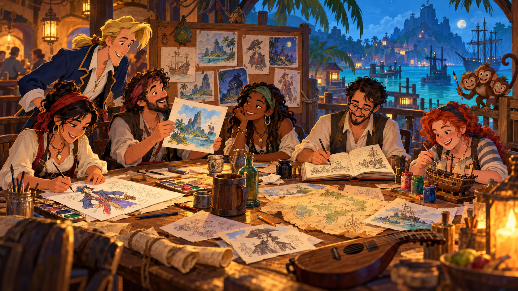 Enthusiasten zeichnen, schreiben und bauen zusammen mit Guybrush ein Miniaturschiff auf einer Piratenterrasse mit Blick auf den Hafen; Dreiköpfiger Affe hält einen Pinsel.