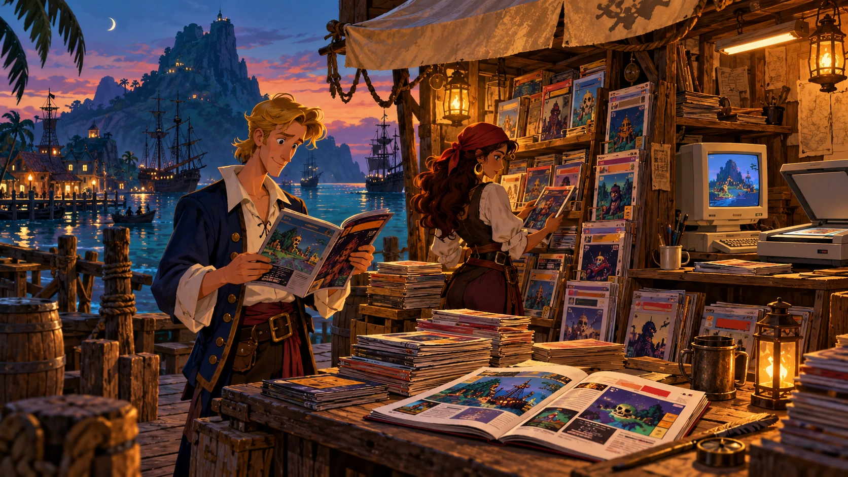 Un’edicola al porto, dove i ricordi tornano a farsi sfogliare. Illustrazione originale realizzata per Monkey Island Site.
