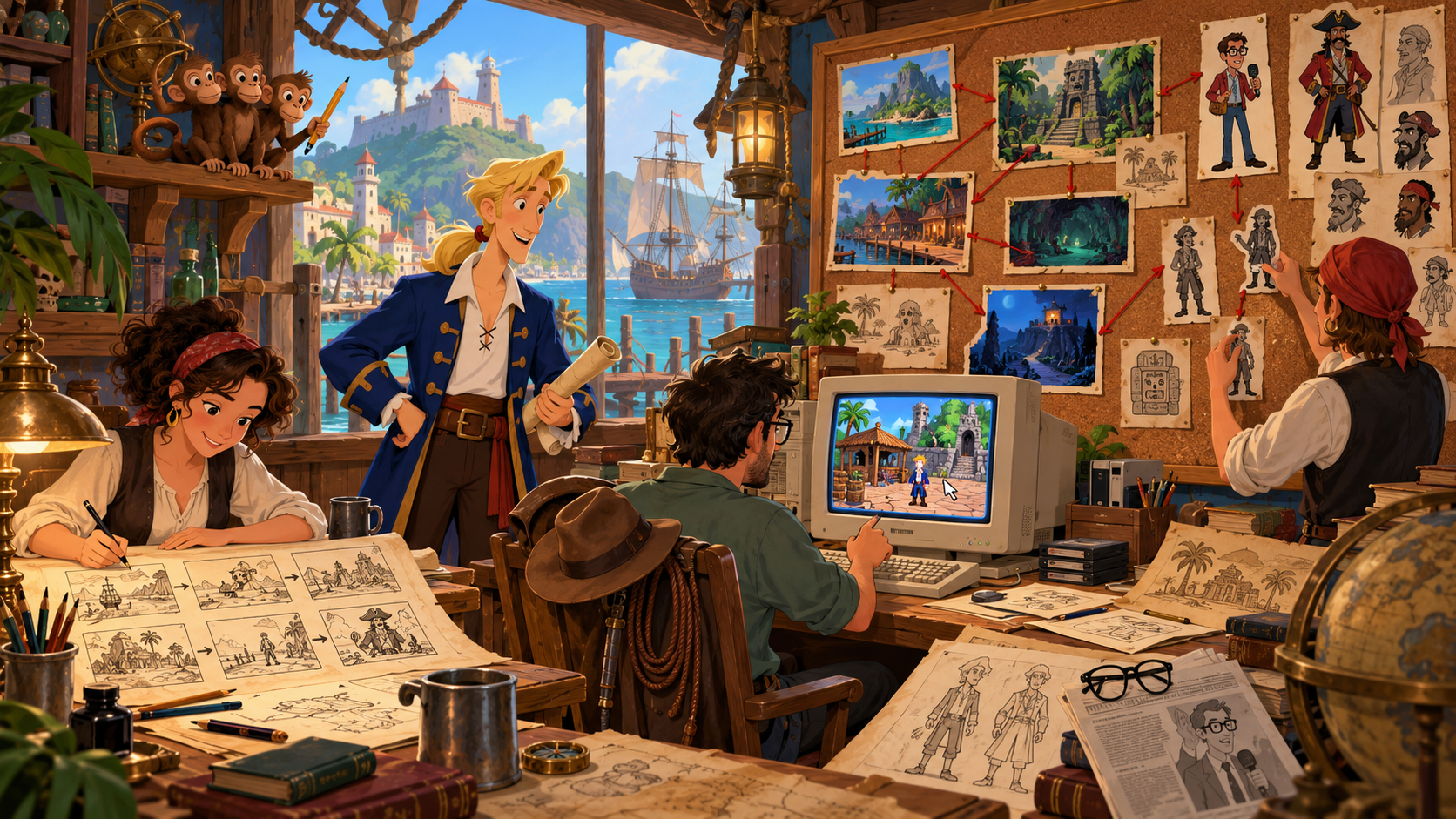 同人游戏实验室:爱好者们在电脑上绘制故事板、连接场景并与 Guybrush 和三头猴一起构建新的冒险。