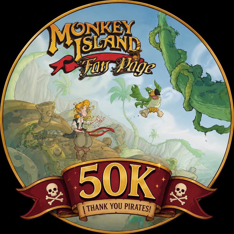 Il logo della Monkey Island Fan Page, con Guybrush, il pappagallo e il traguardo dei 50K