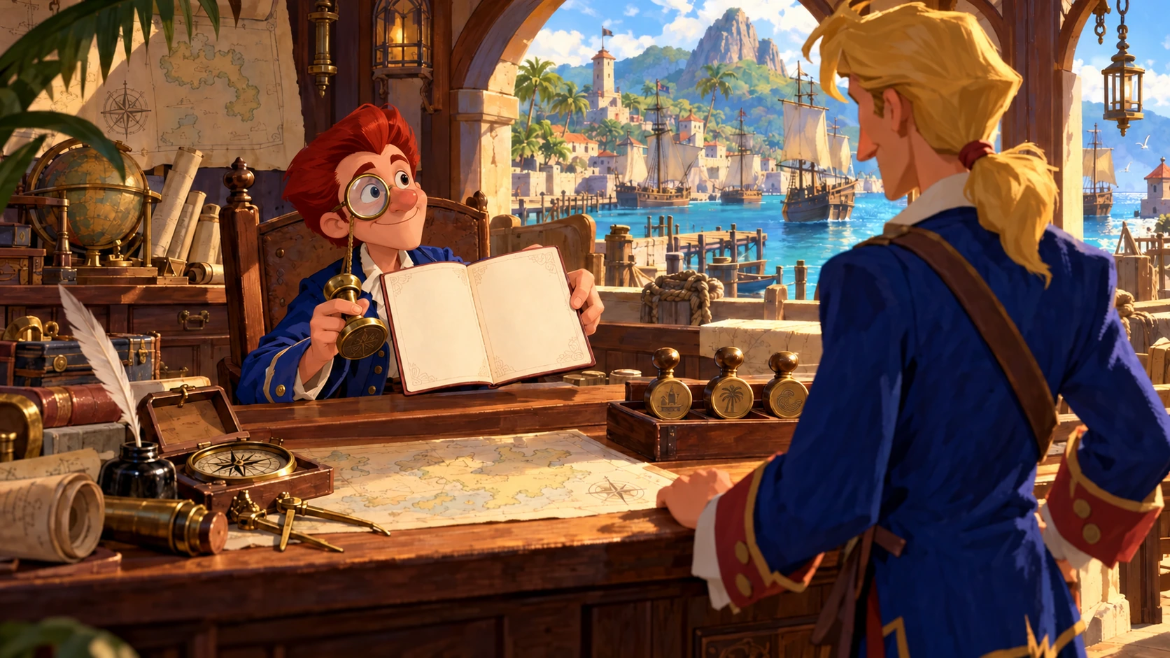 Wally prepara un passaporto per Guybrush nel suo ufficio di cartografo: omaggio illustrato alla saga.