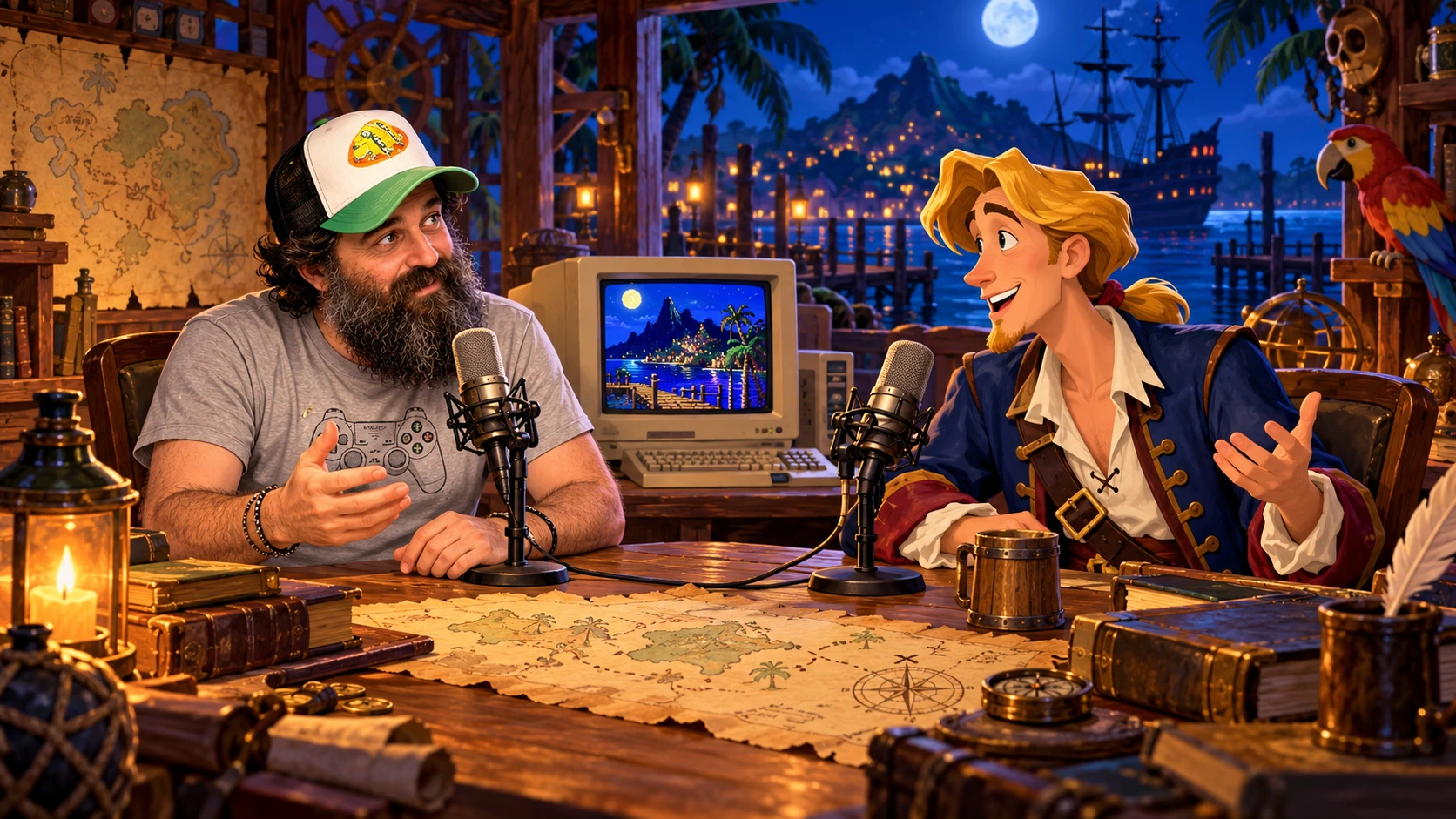 Massimiliano Stazi im Gespräch mit Guybrush: eine illustrierte Hommage dieser Website, kein Foto einer wirklichen Begegnung.