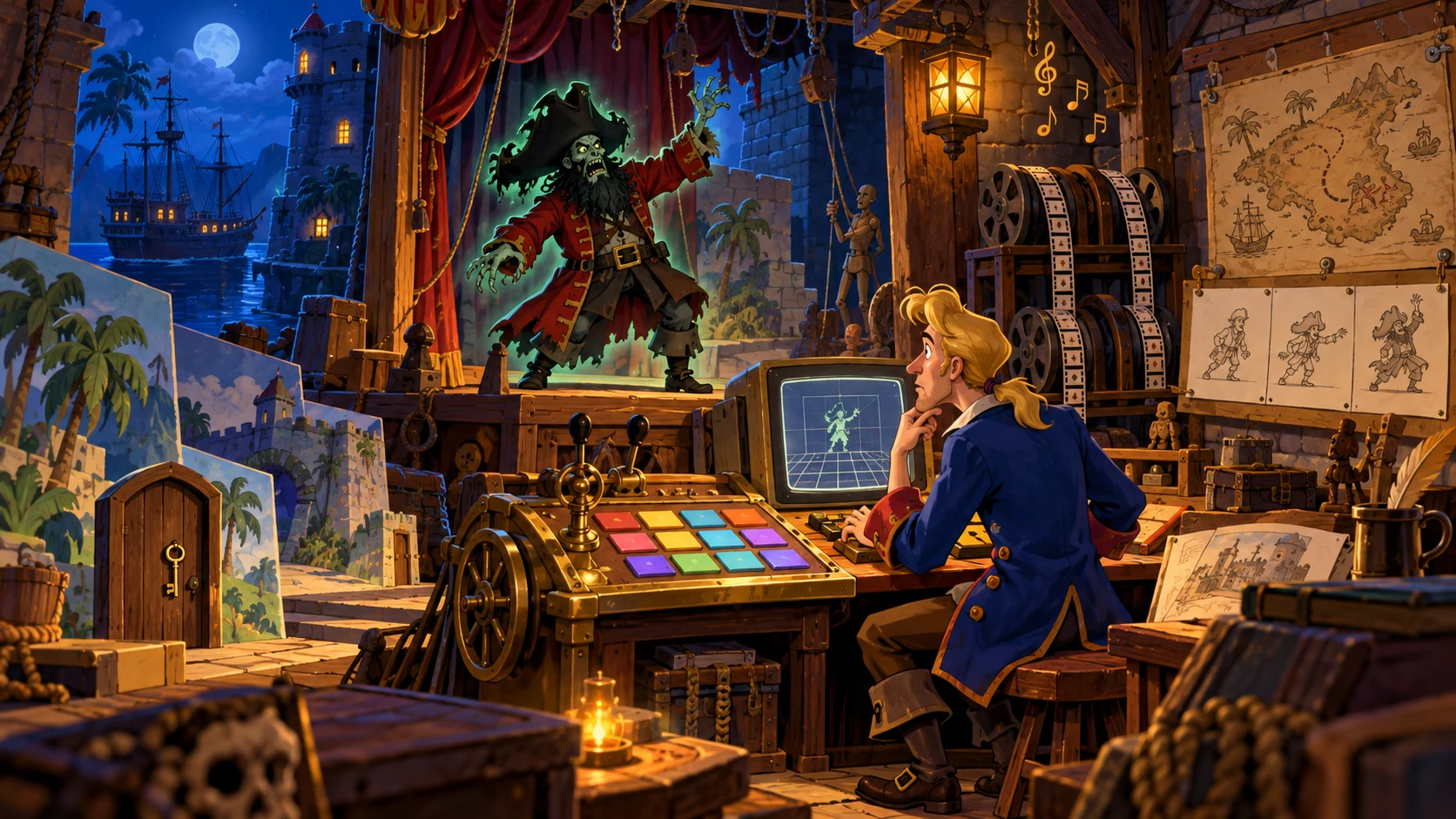 Guybrush e LeChuck nel laboratorio immaginario di un’avventura: un omaggio illustrato, non uno screenshot o una ricostruzione storica.
