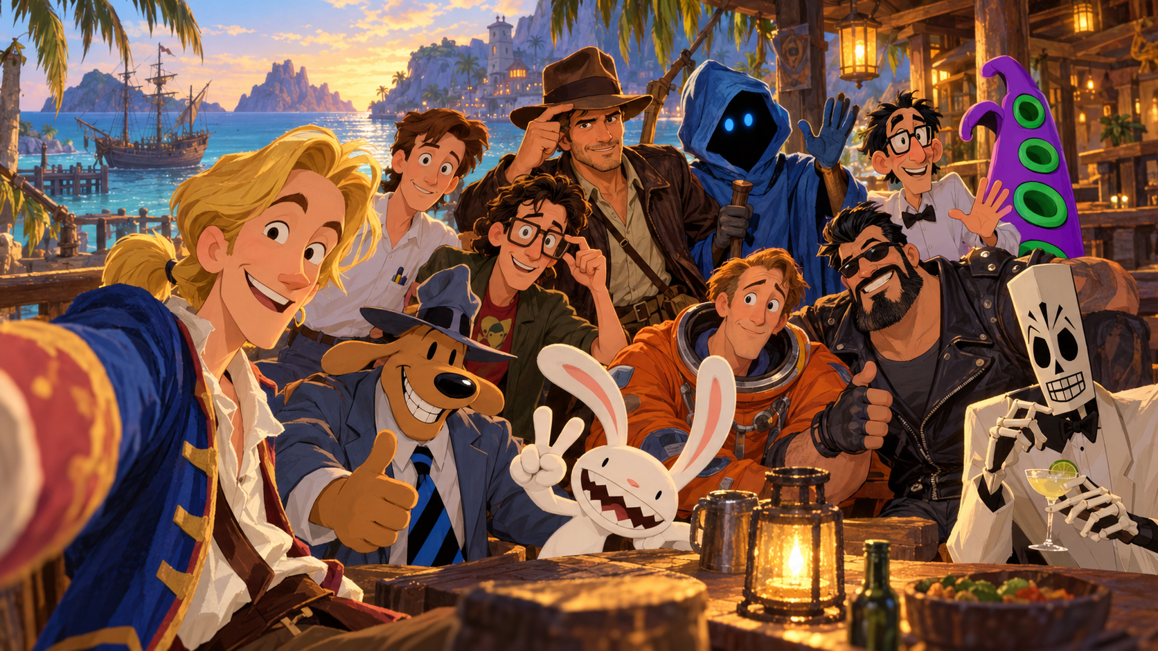 Guybrush scatta un selfie con i protagonisti delle avventure Lucas: Indiana Jones, Bobbin, Bernard, Sam e Max, Ben, Manny e gli altri eroi.