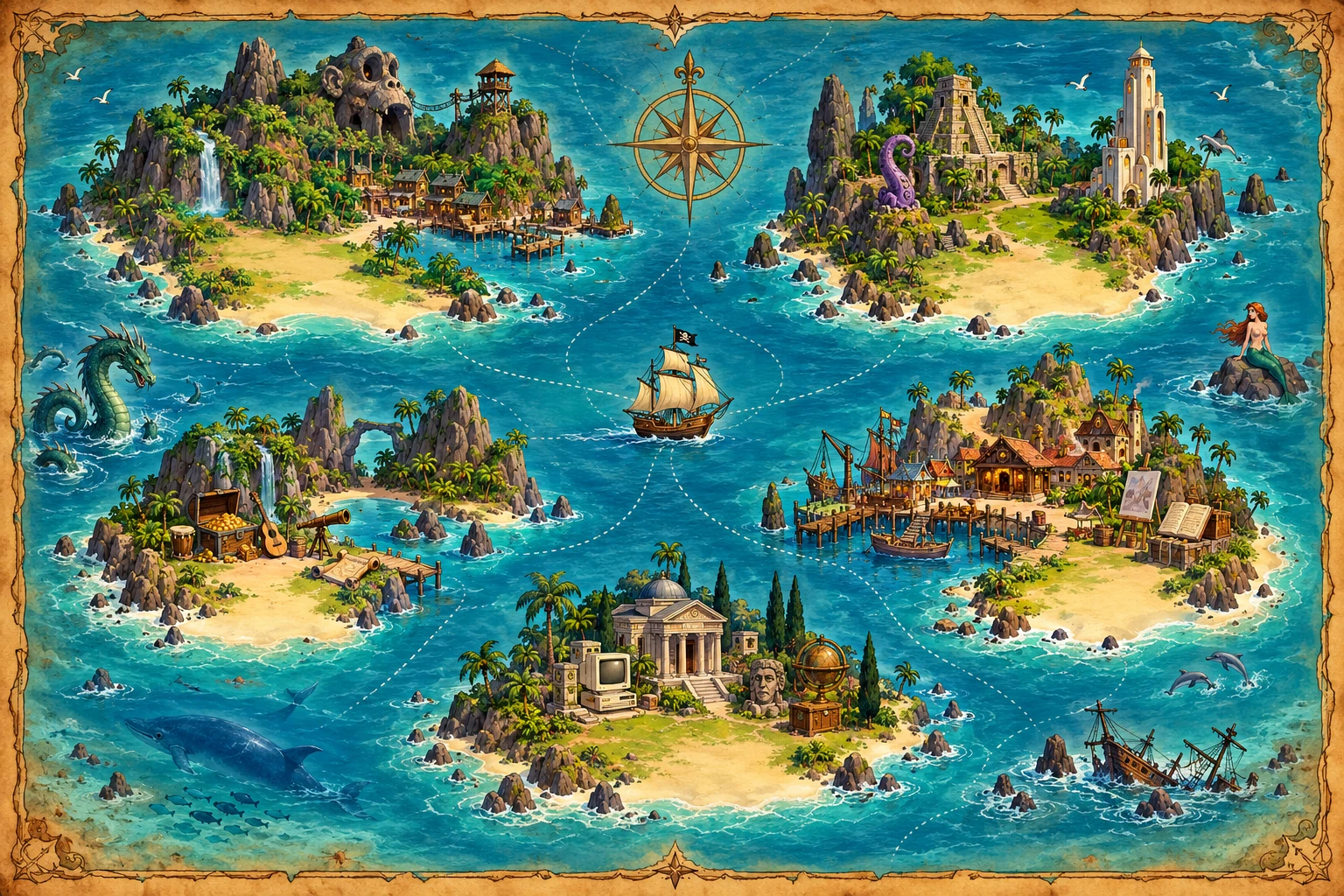 Una mappa piratesca di Monkey Island Site: Saga e Avventure Lucas a nord, Scrigno a ovest, Community a est, Museo a sud e la nave della Home al centro.