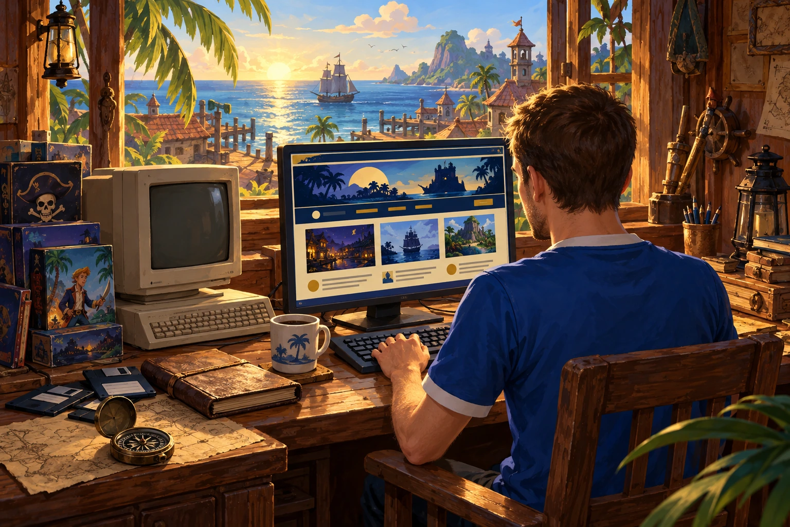Alfnet aggiorna il sito alla scrivania, fra un vecchio computer, ricordi della saga e una finestra aperta sui Caraibi.