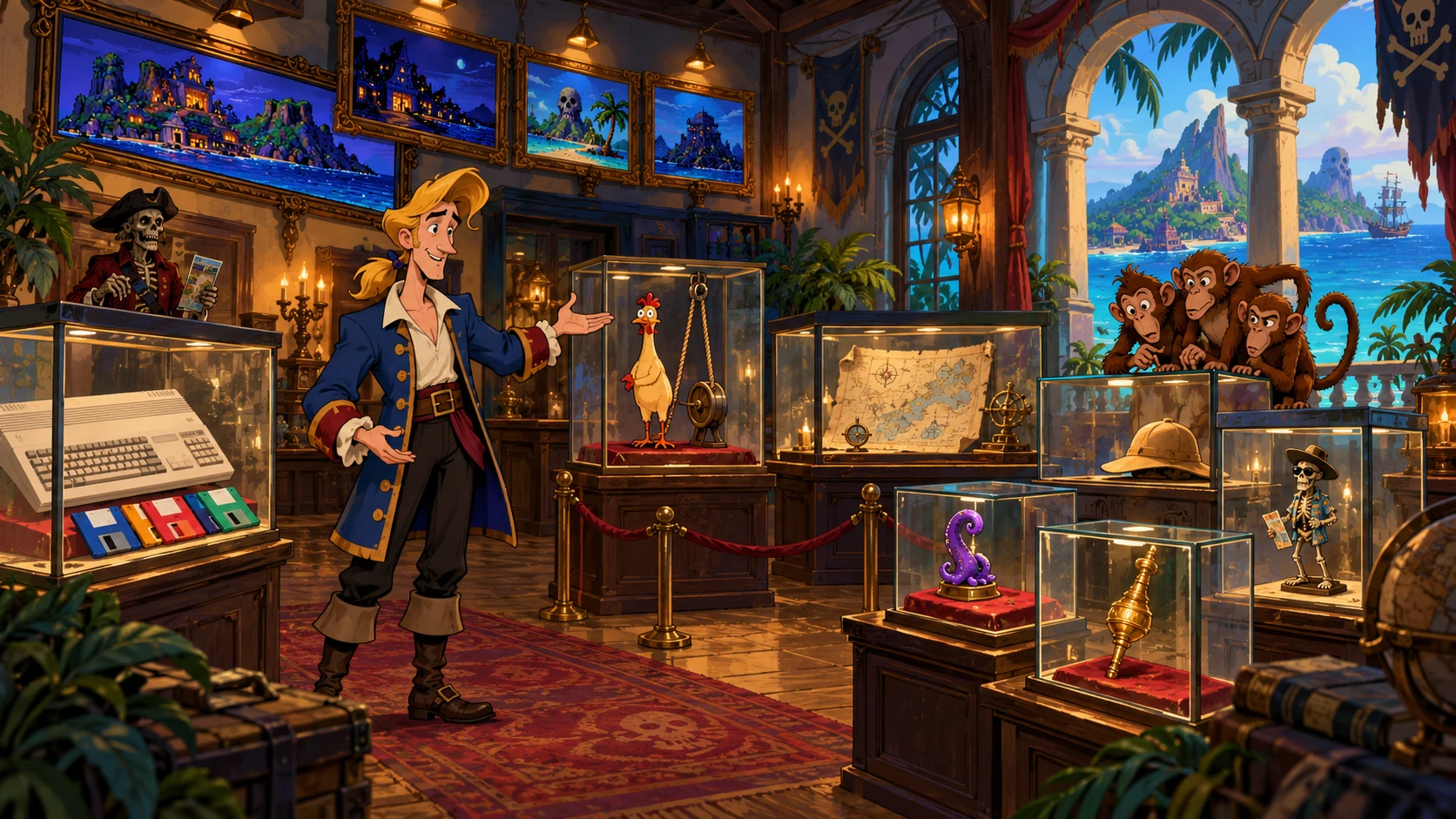 Guybrush accompagna i visitatori fra vecchi computer, oggetti delle avventure e ricordi del sito.