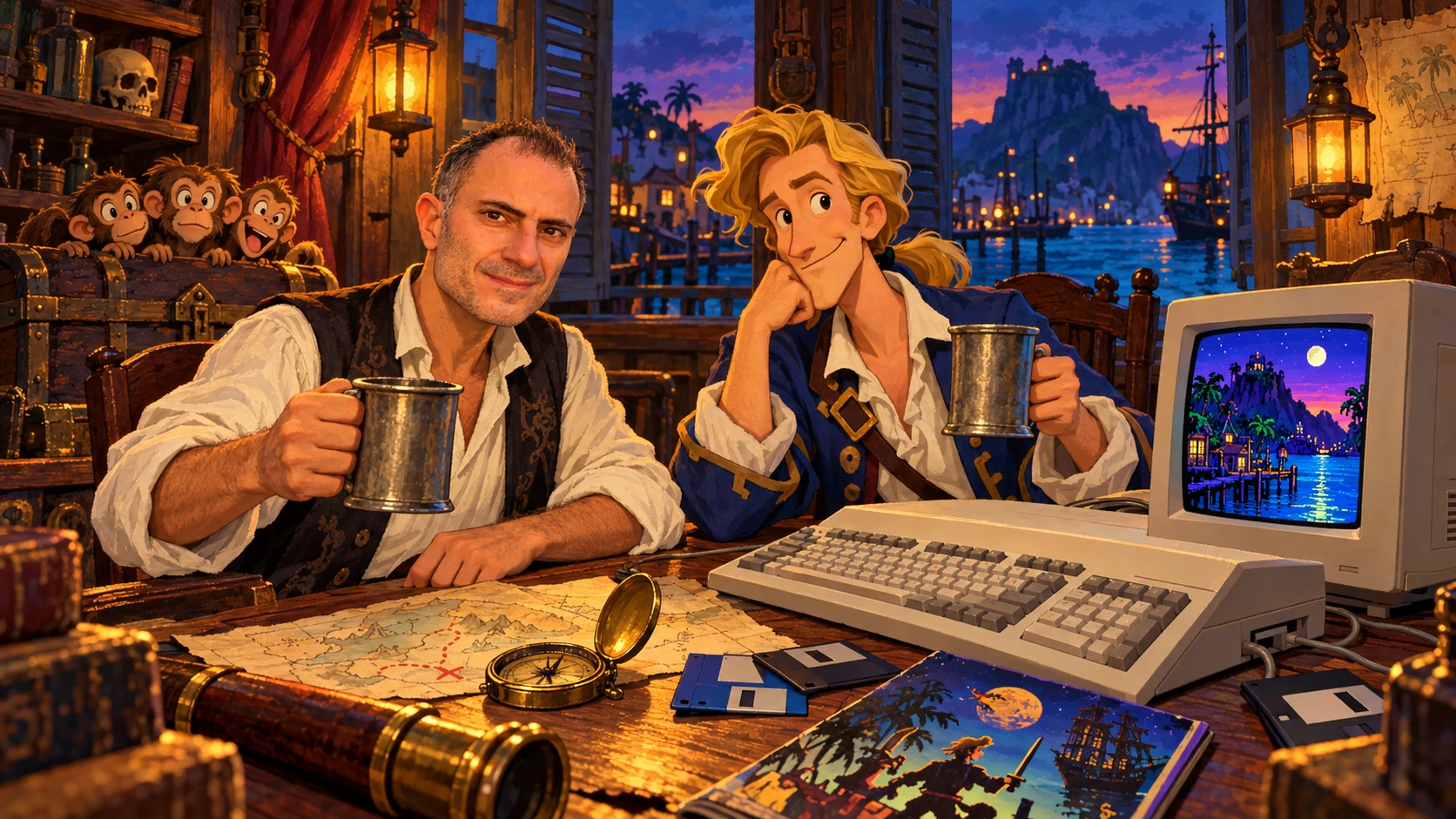 Alfredo Tommaselli und Guybrush Threepwood zusammen vor dem Amiga 500, zwischen Karten und Erinnerungen an die Karibik