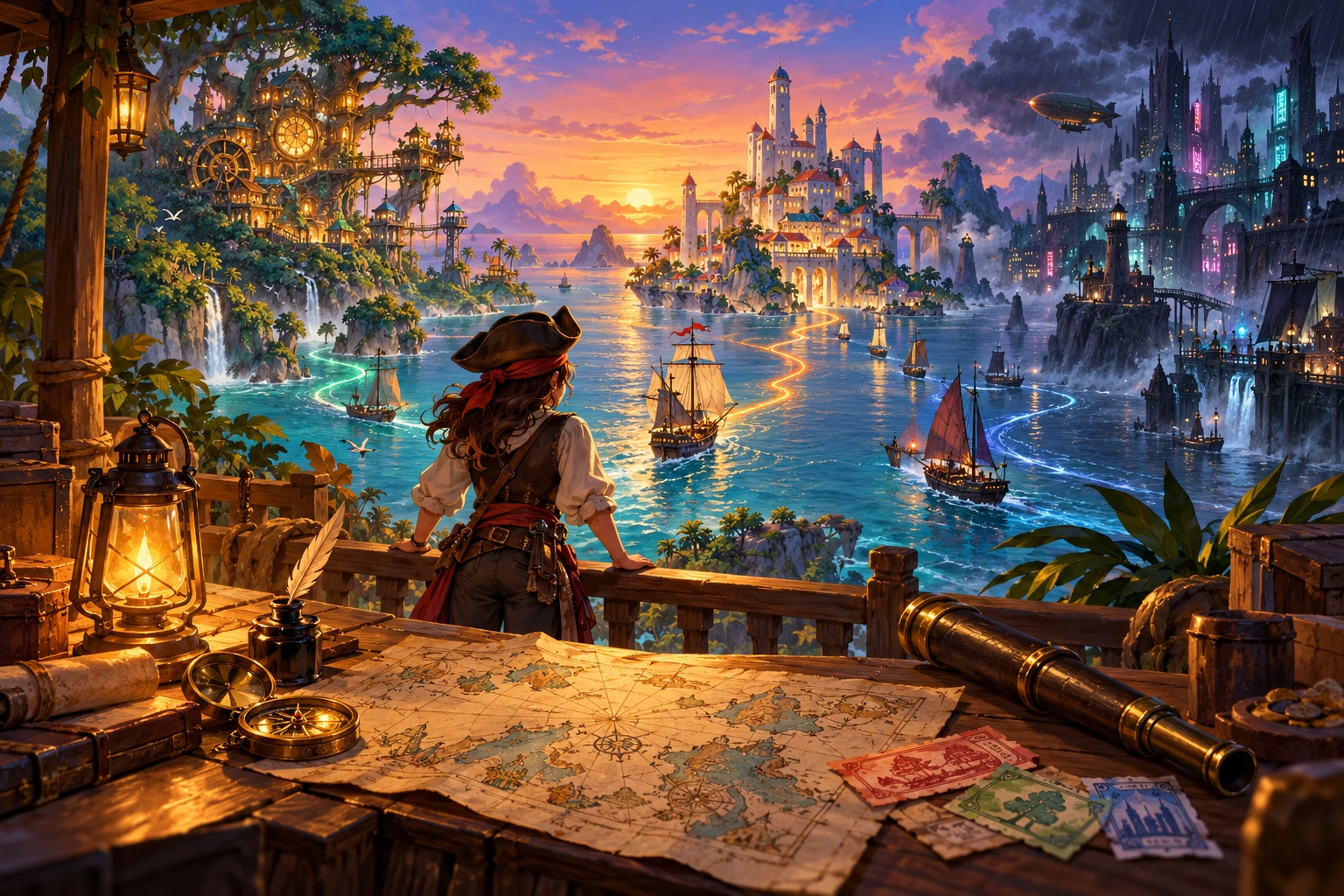 Illustrazione originale per il sito: un porto aperto su nuovi mondi. Gli screenshot nelle schede provengono invece dai giochi.