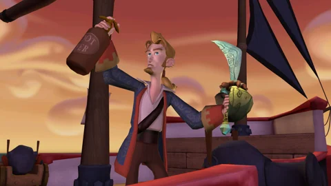 Guybrush kämpft mit einem nicht sehr beruhigenden Gegenstand.