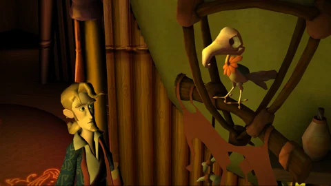 Guybrush, ein Papagei und Flotsams Inneres.