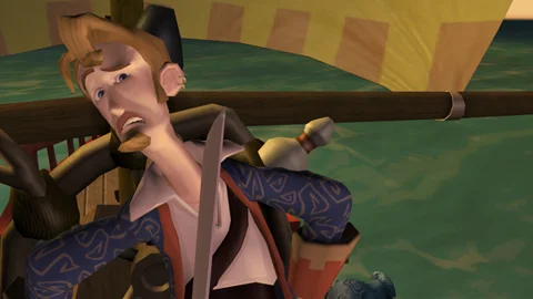 Guybrush im Vordergrund während der Fahrt.