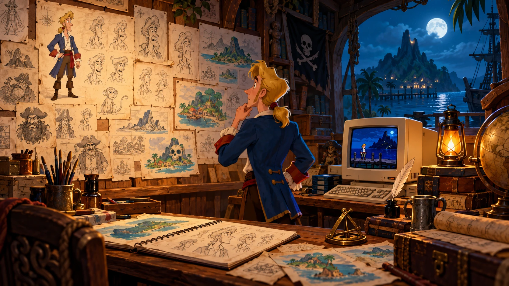 Guybrush erkundet zwischen Skizzen, Karten und einem Vintage-Computer ein Piratenlabor