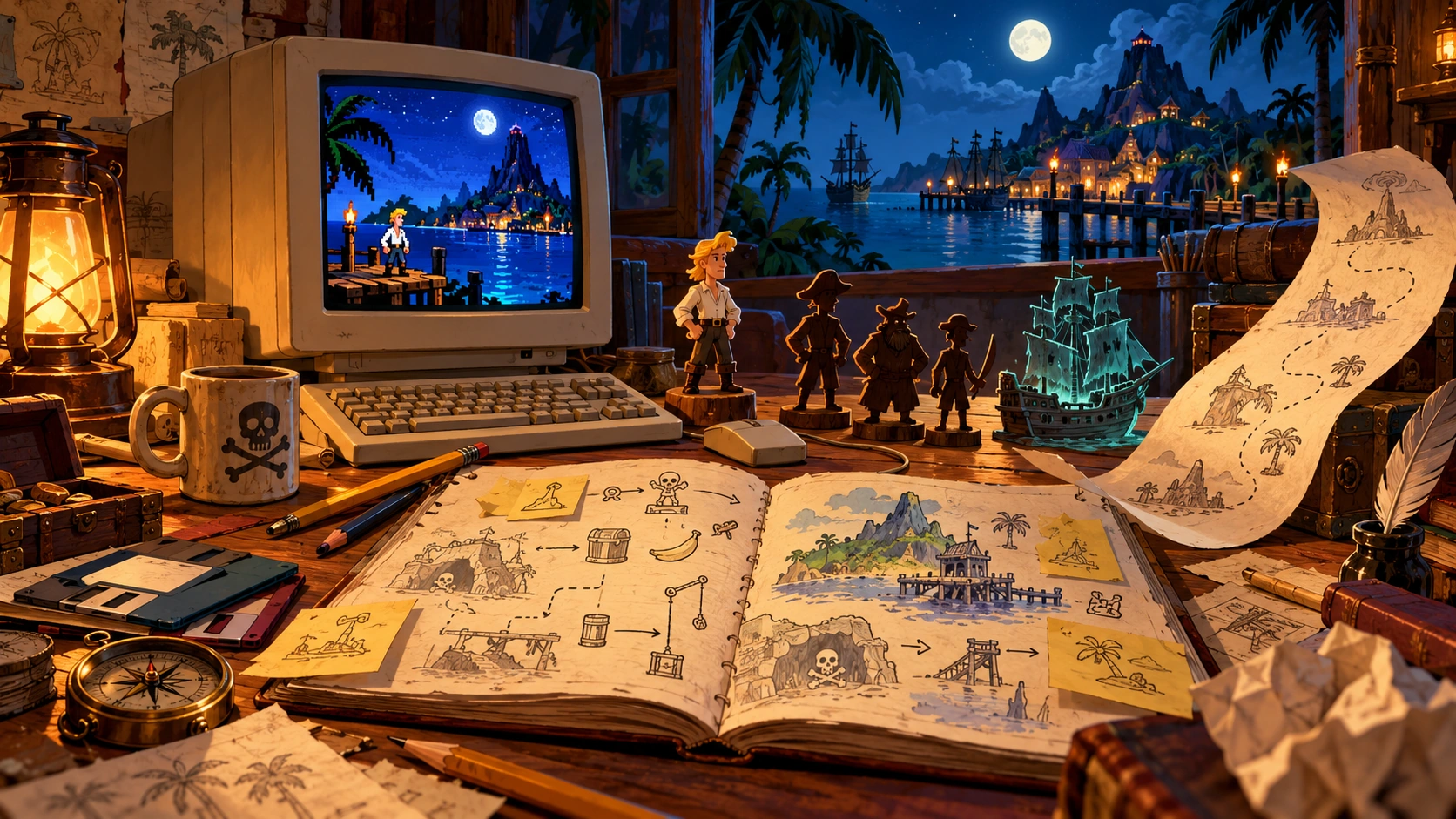 Un laboratorio piratesco immaginario: illustrazione originale, non una fotografia né un quaderno autentico di Gilbert.