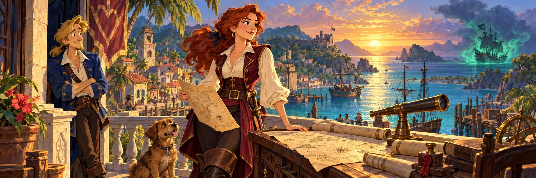 Elaine lidera o percurso com carta náutica em frente ao porto, com Guybrush e o cachorro ao seu lado