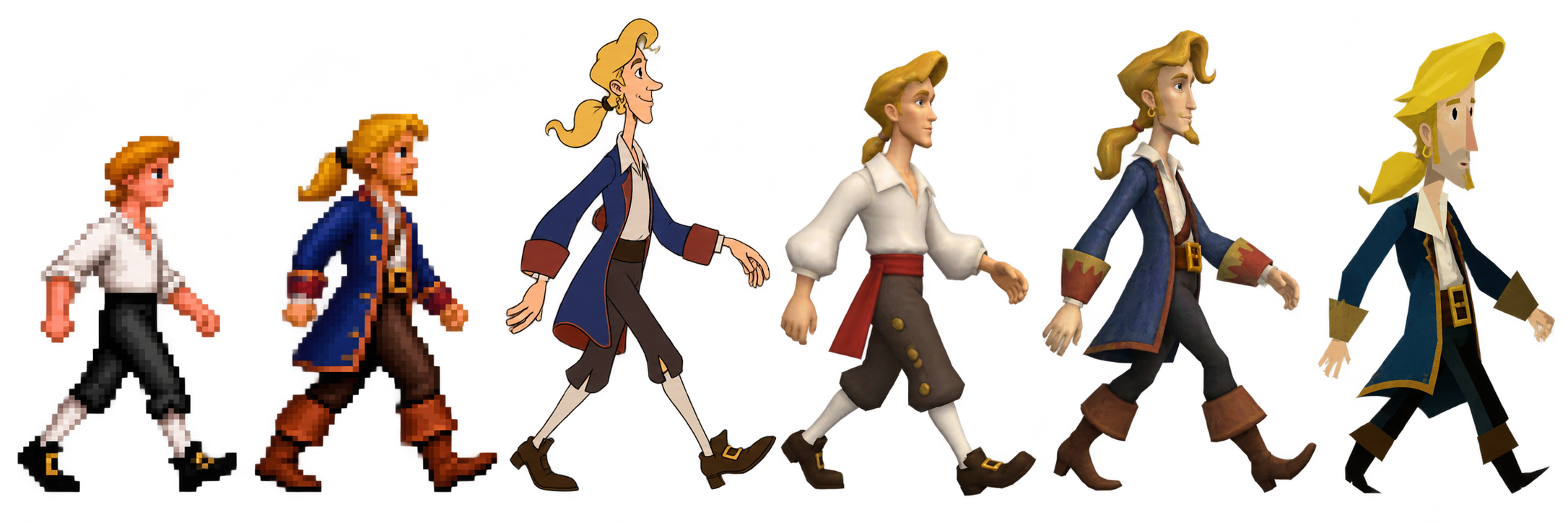 Sei interpretazioni di Guybrush camminano verso destra: pixel art dei primi due episodi, disegno di The Curse, versioni 3D di Escape e Tales e forme geometriche di Return.