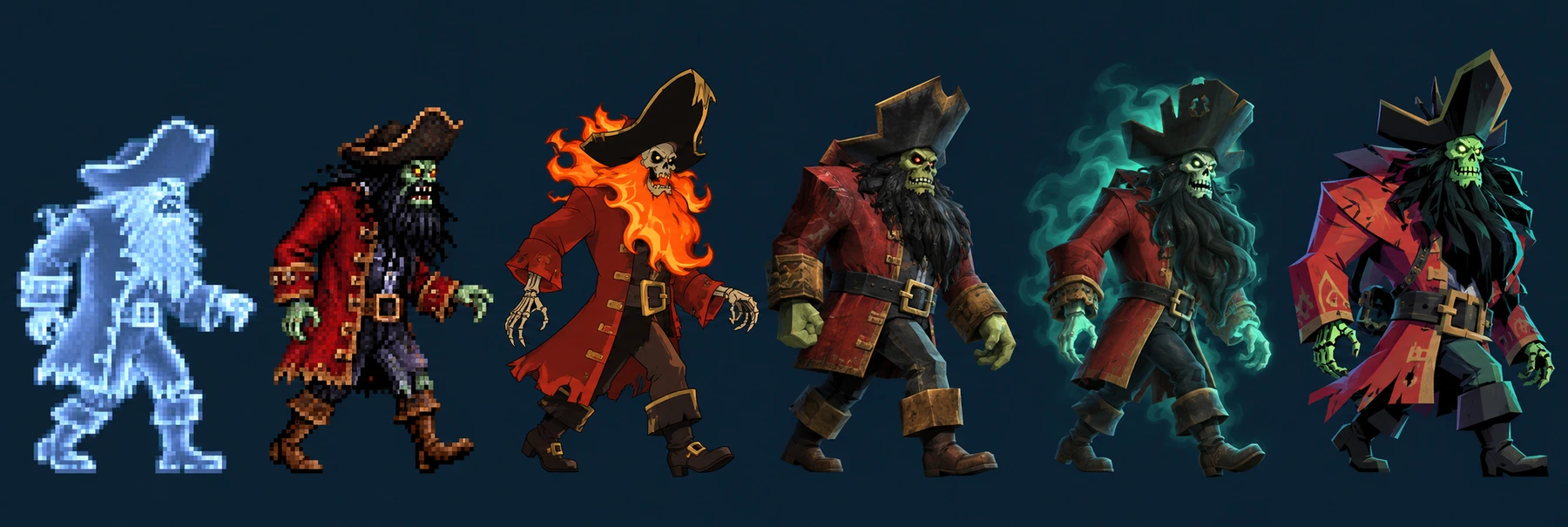 Sechs Interpretationen von LeChuck, in der Reihenfolge: Geist, Zombie, flammender Dämon, dreidimensionale Version von Escape, Dämon von Tales und geometrische Version von Return