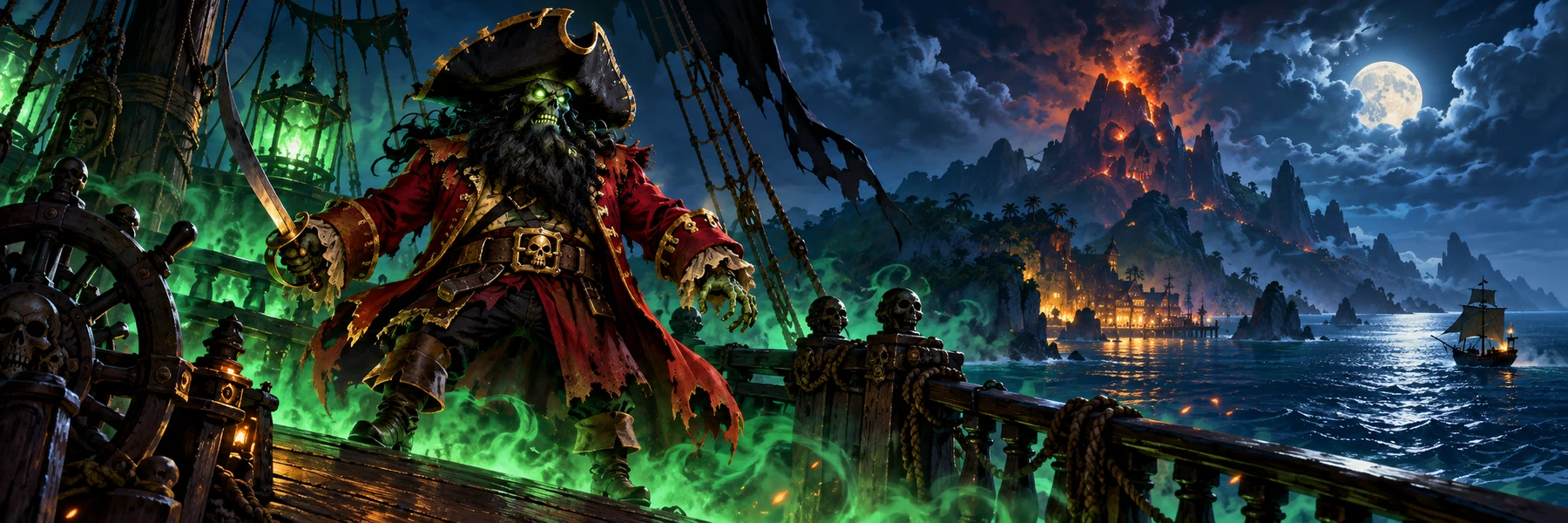 LeChuck steuert sein Geisterschiff zwischen grünen Blitzen und den nächtlichen Gewässern von Monkey Island