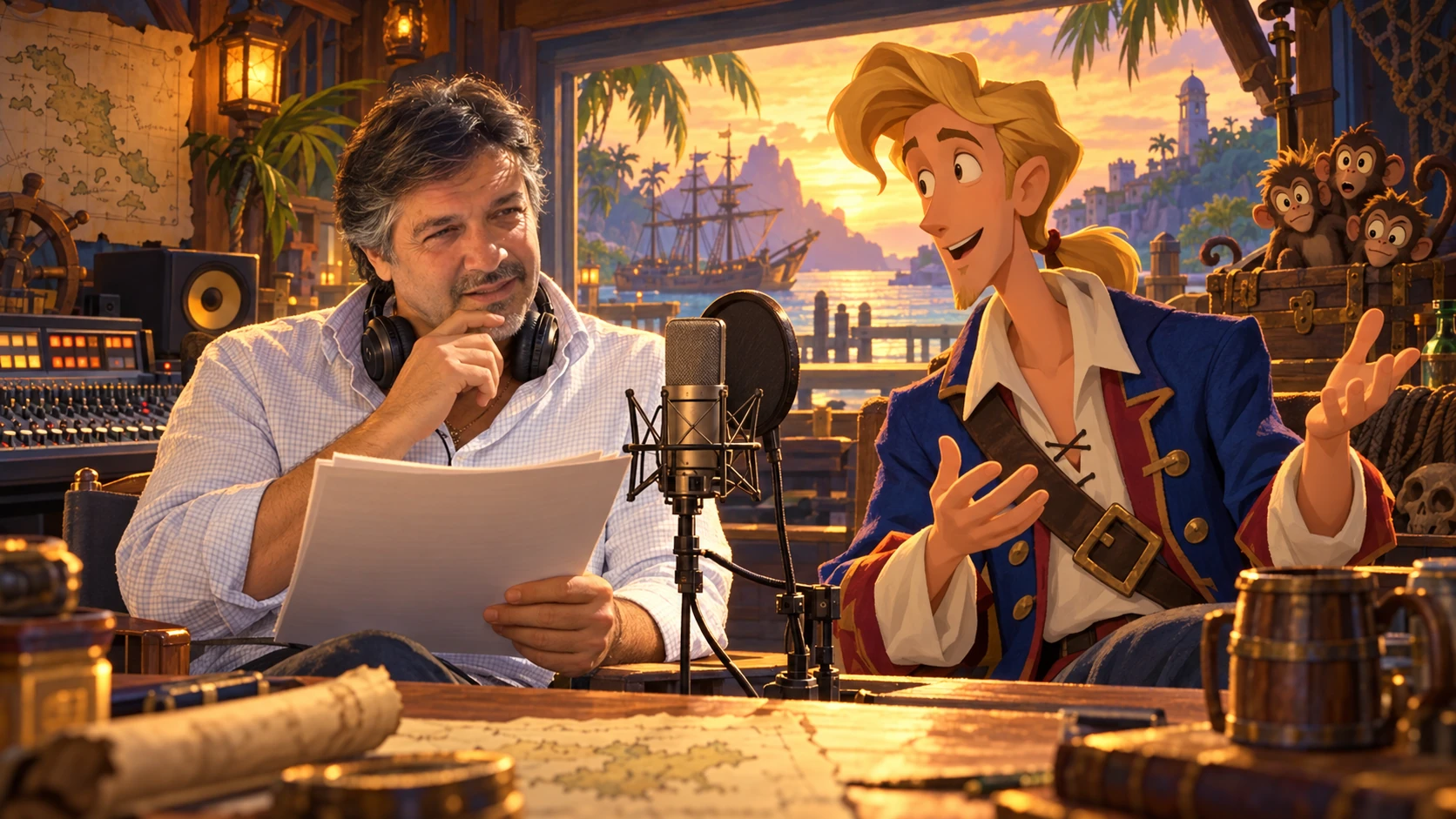 Massimo Antonio Rossi e Guybrush in uno studio di doppiaggio piratesco