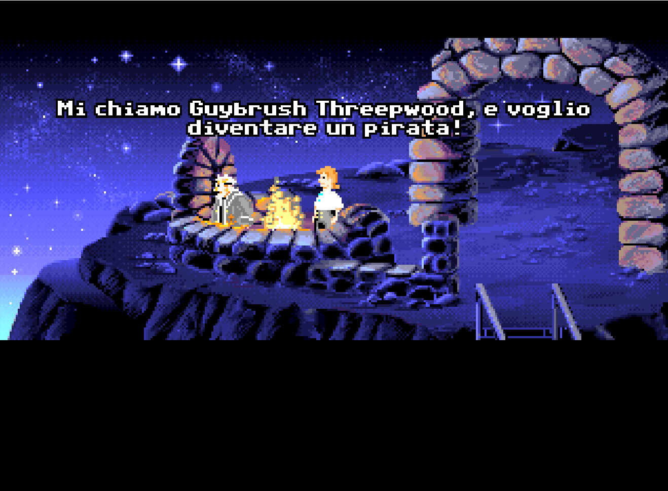 Il primo passo di Guybrush: un sogno da pirata davanti al mare notturno. Schermata di The Secret of Monkey Island.