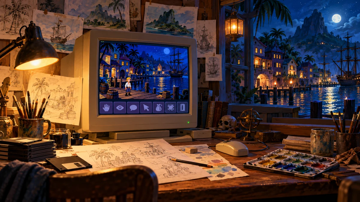 Des croquis aux pixels : un hommage illustré aux outils et à l’imagination des premières aventures graphiques.