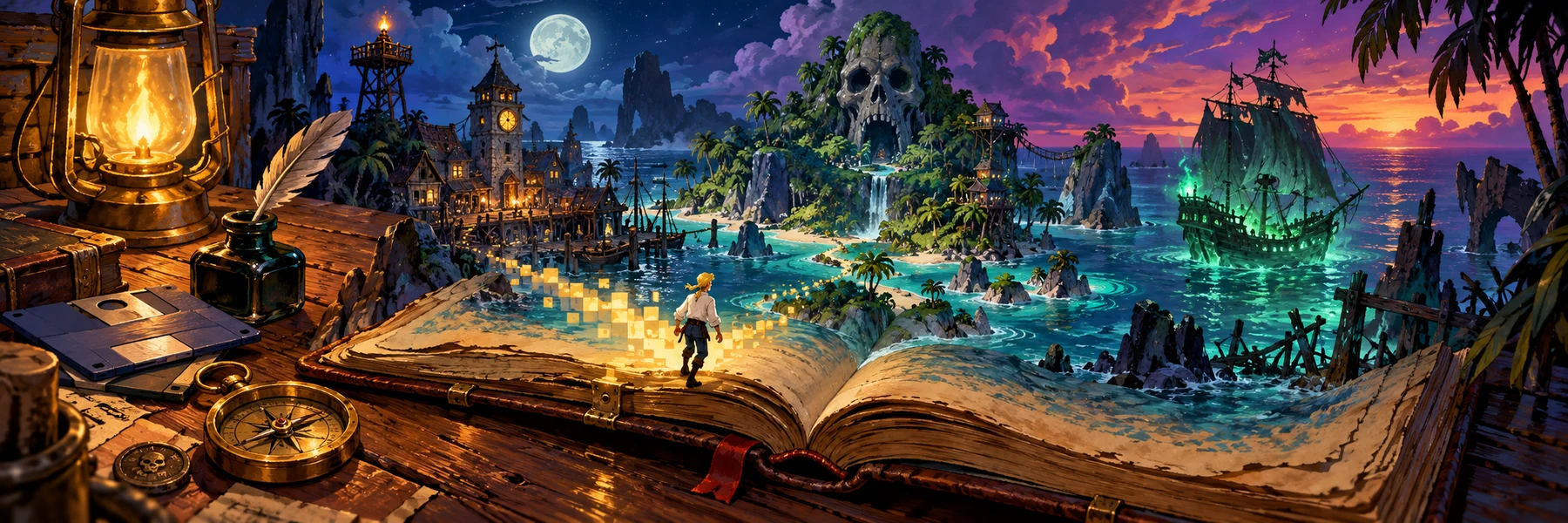 Un journal de bord s’ouvre sur le monde de Monkey Island. Un hommage illustré à l’histoire de la saga.