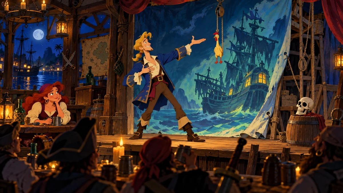 Le théâtre de l’absurde : pirates, objets improbables et humour en coulisses. Interprétation illustrée.