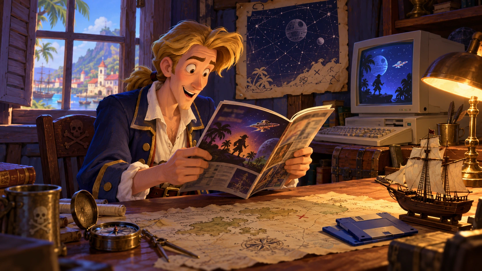 Guybrush scopre una sorprendente anteprima fra mappe e un computer d’epoca: omaggio illustrato, non una scena tratta dal gioco o dalla rivista.