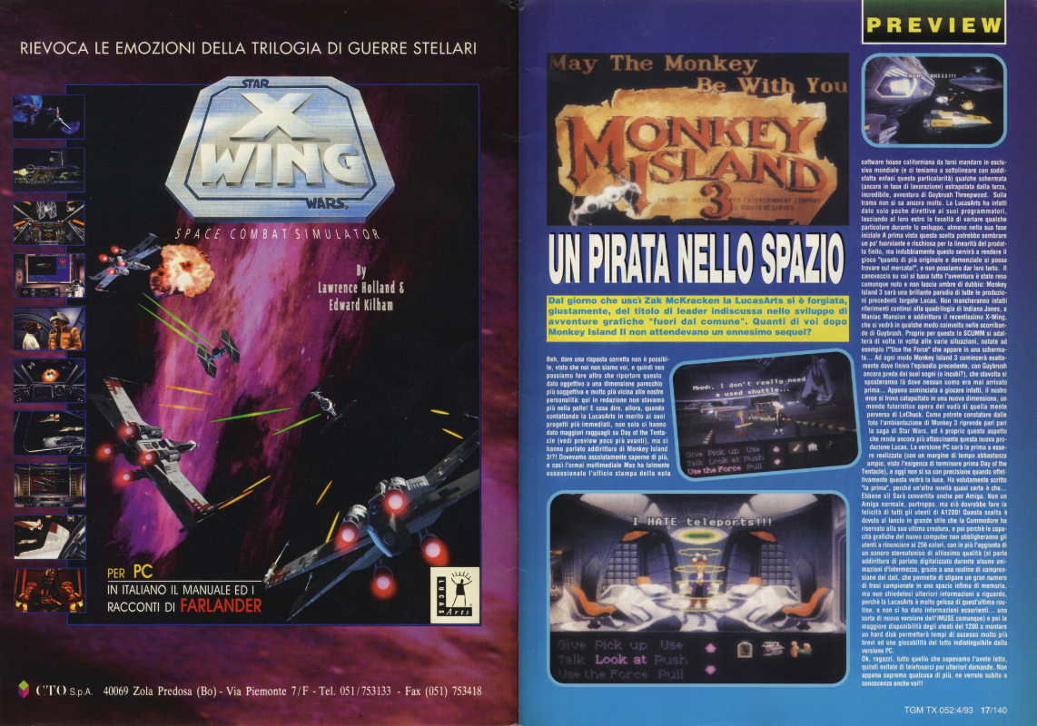 Pubblicità di X-Wing a sinistra e falsa anteprima di Monkey Island 3 a destra, TGM aprile 1993