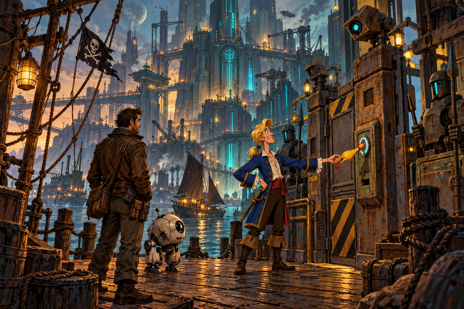 Beneath a Steel Sky incontra Monkey Island · illustrazione originale del sito, interpretazione dei due mondi e non schermata ufficiale.