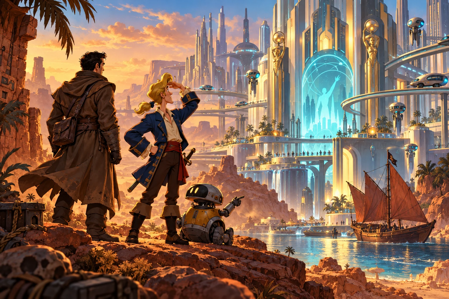 Beyond a Steel Sky incontra Monkey Island · illustrazione originale del sito, interpretazione dei due mondi e non schermata ufficiale.