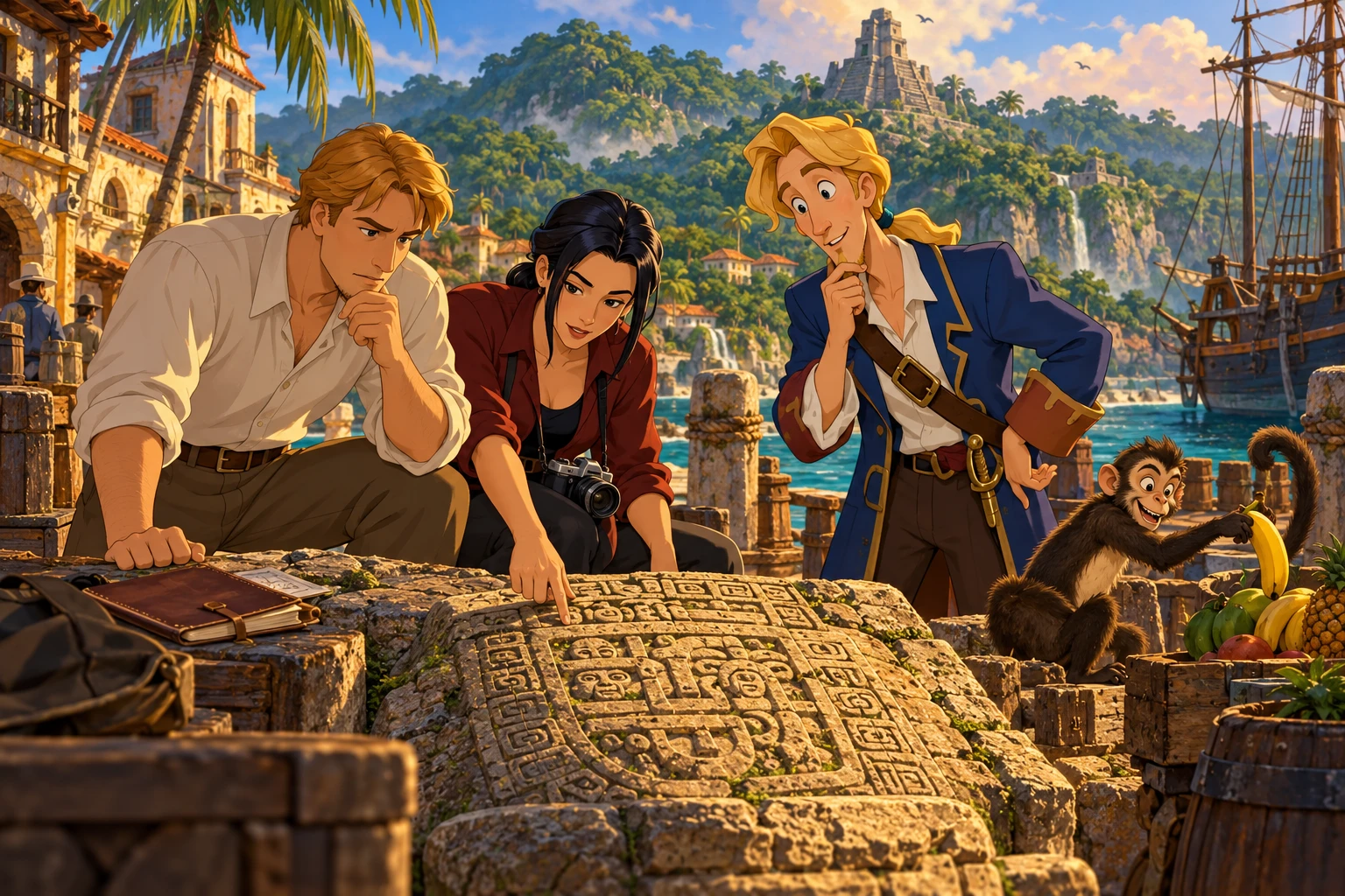 Broken Sword 2: La profezia dei Maya incontra Monkey Island · illustrazione originale del sito, interpretazione dei due mondi e non schermata ufficiale.