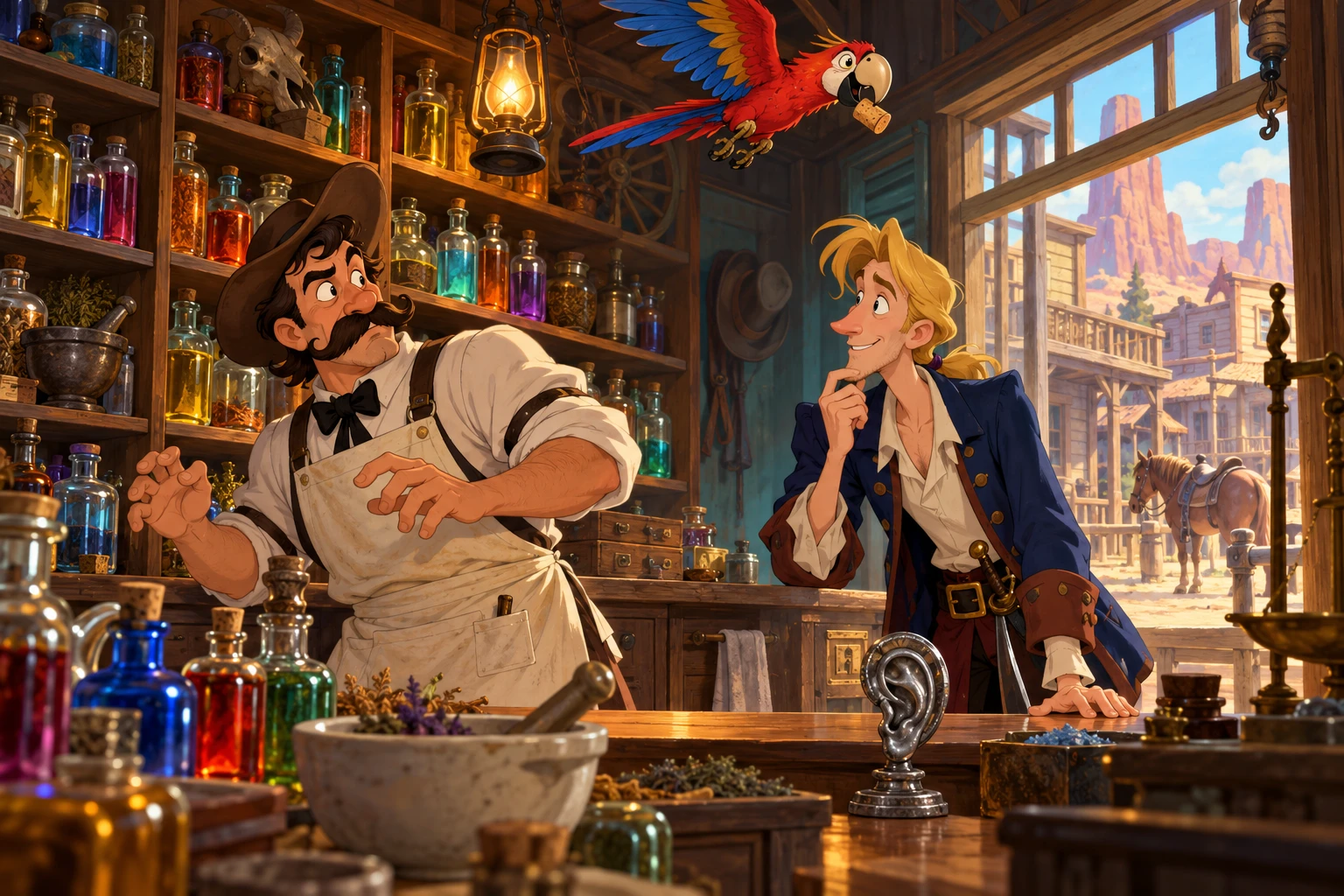 Freddy Pharkas: Frontier Pharmacist incontra Monkey Island · illustrazione originale del sito, interpretazione dei due mondi e non schermata ufficiale.