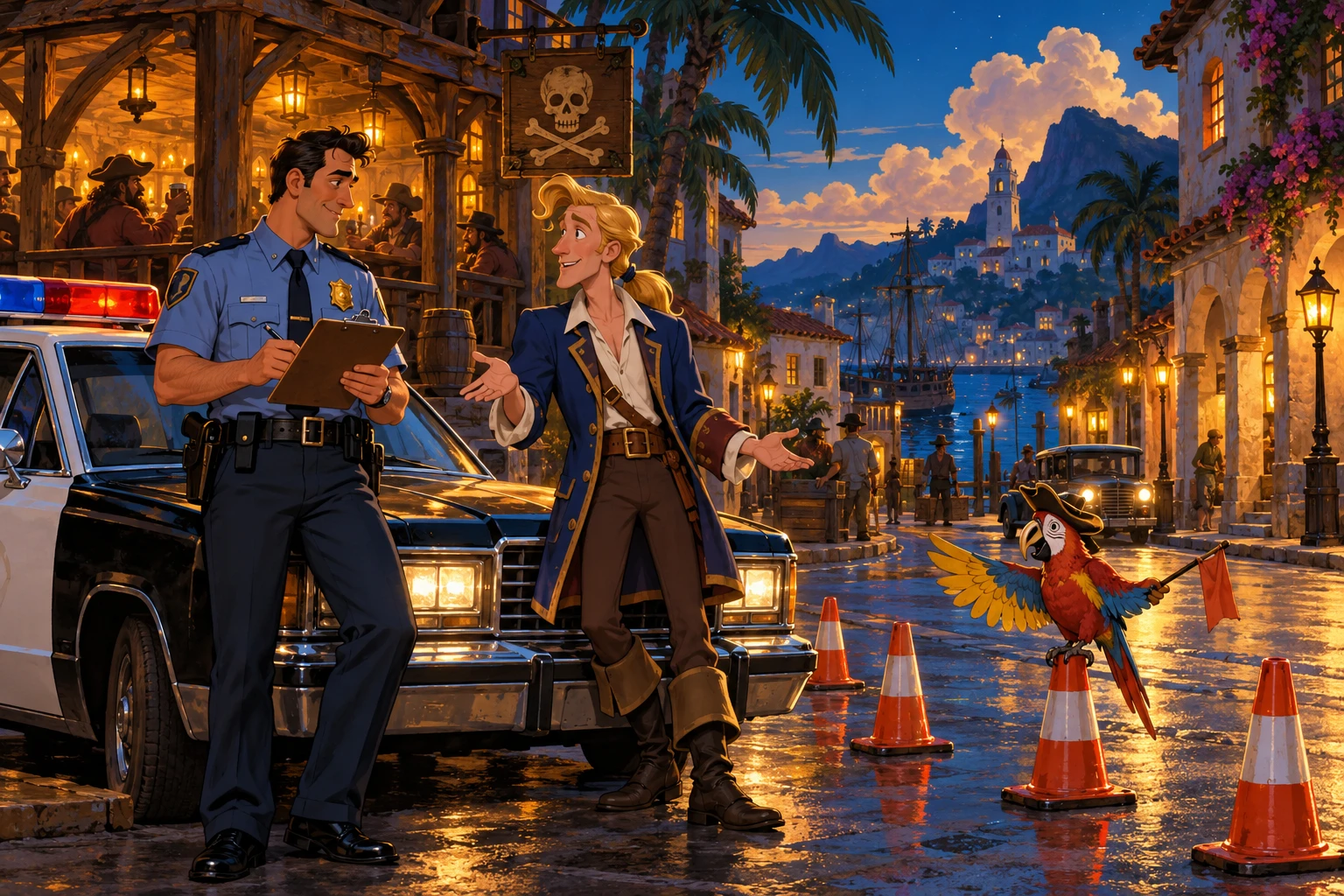 Police Quest 1 incontra Monkey Island · illustrazione originale del sito, interpretazione dei due mondi e non schermata ufficiale.