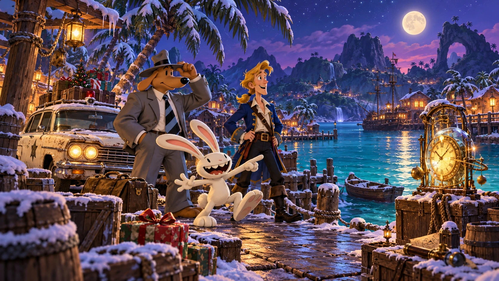 Sam & Max: Beyond Time and Space · Illustrazione crossover non ufficiale: Sam, Max e Guybrush. Non è una schermata del gioco.