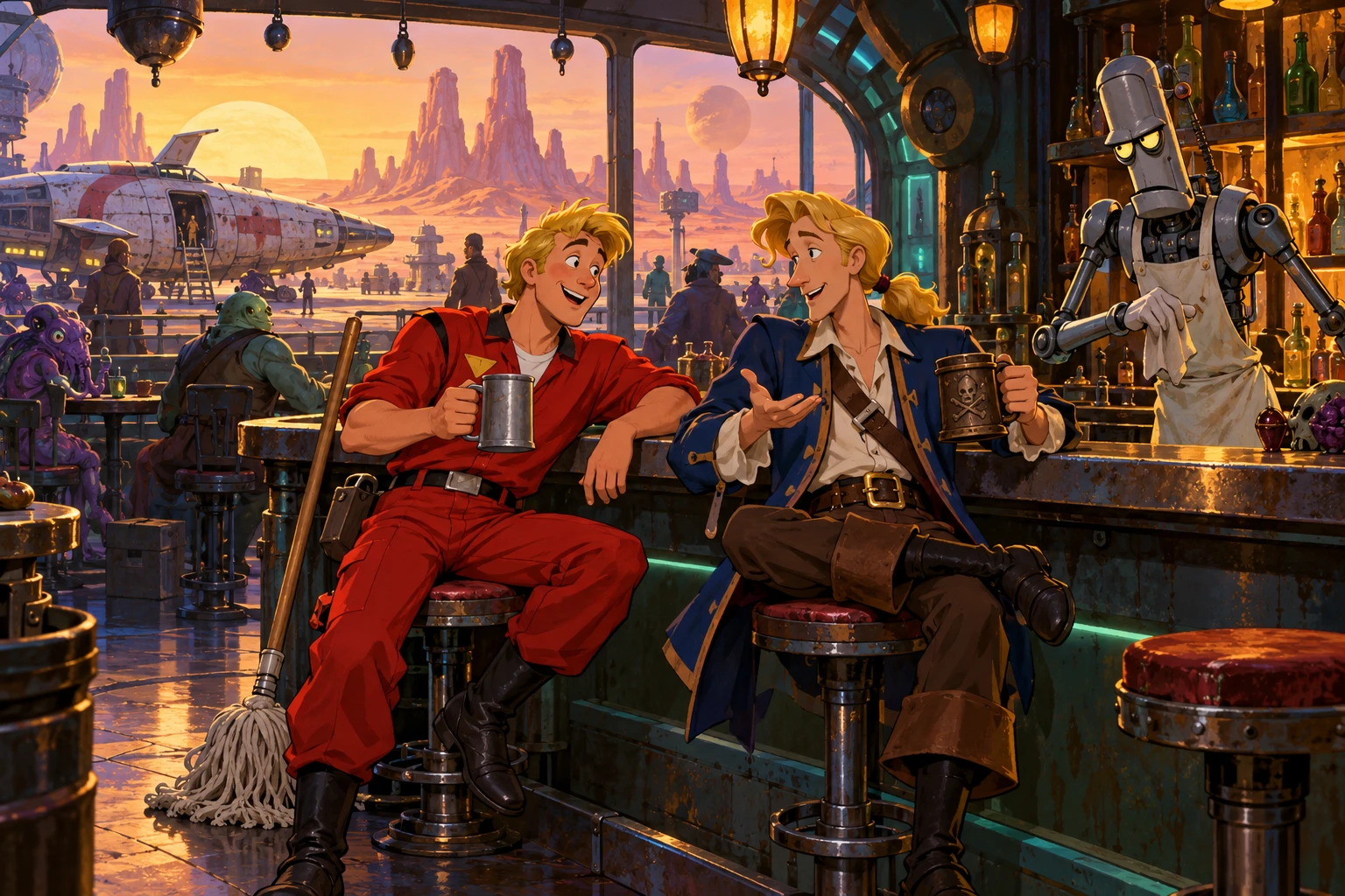 Space Quest 1 incontra Monkey Island · illustrazione originale del sito, interpretazione dei due mondi e non schermata ufficiale.