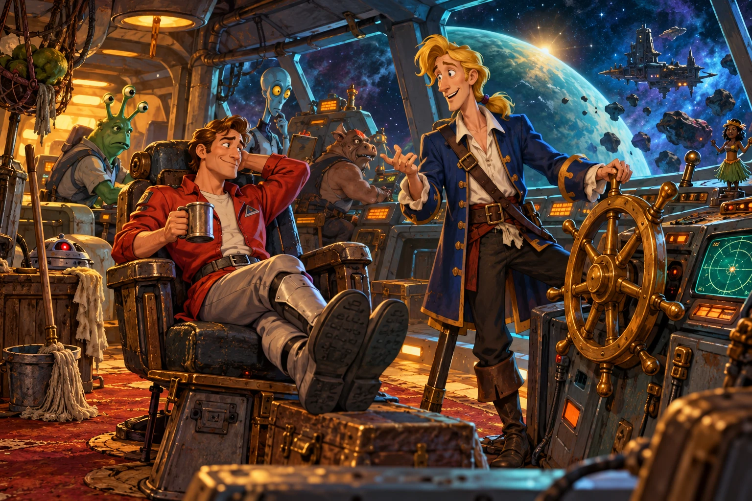 Space Quest 5 incontra Monkey Island · illustrazione originale del sito, interpretazione dei due mondi e non schermata ufficiale.