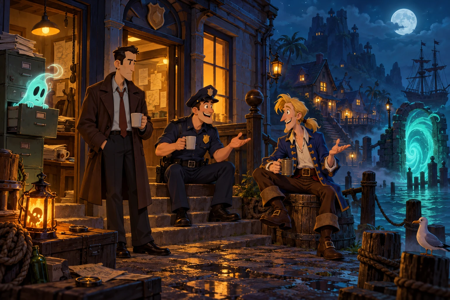 The Darkside Detective incontra Monkey Island · illustrazione originale del sito, interpretazione dei due mondi e non schermata ufficiale.