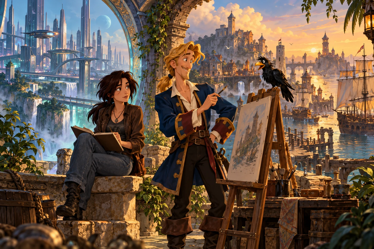 The Longest Journey incontra Monkey Island · illustrazione originale del sito, interpretazione dei due mondi e non schermata ufficiale.