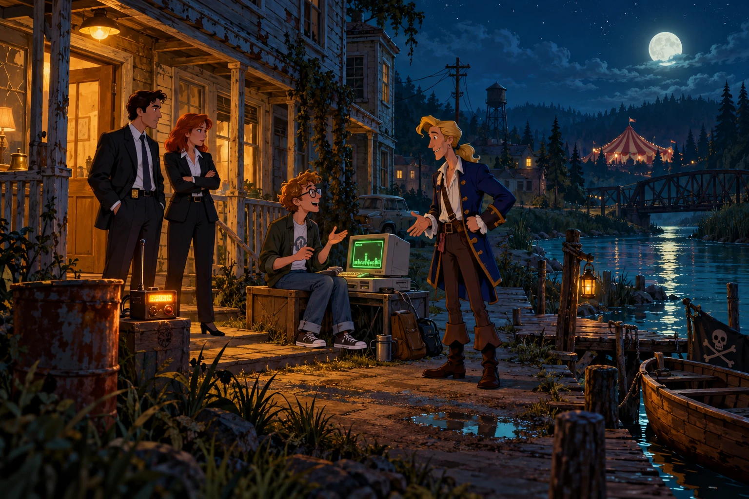 Thimbleweed Park incontra Monkey Island · illustrazione originale del sito, interpretazione dei due mondi e non schermata ufficiale.