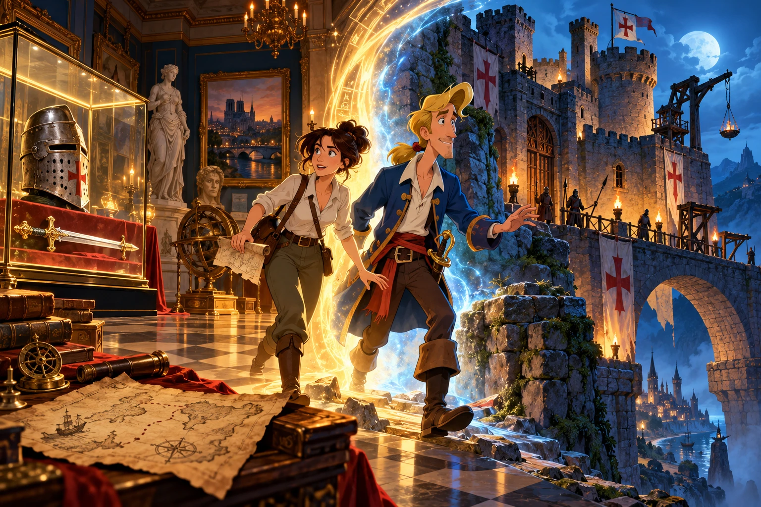 Time Gate: Knight’s Chase incontra Monkey Island · illustrazione originale del sito, interpretazione dei due mondi e non schermata ufficiale.