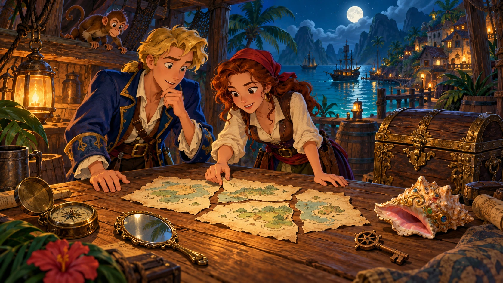 Una mappa in pezzi, un porto illuminato e una promessa chiusa nello scrigno. Illustrazione originale per questa avventura.