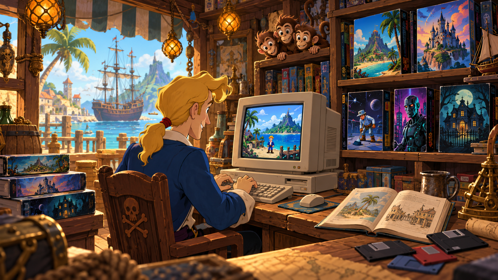 Guybrush gioca con un computer degli anni Novanta in una bottega piratesca piena di scatole di avventure, mentre la scimmia a tre teste osserva dallo scaffale.