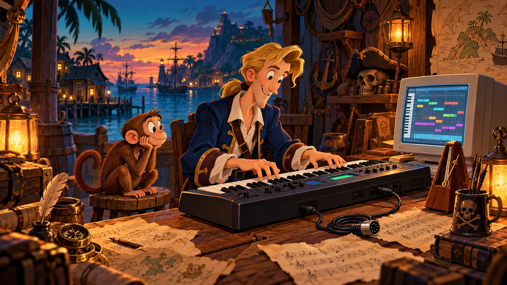 MIDI: teclados, sequências e pequenas notas dão vida às ilhas. Ilustração imaginativa.