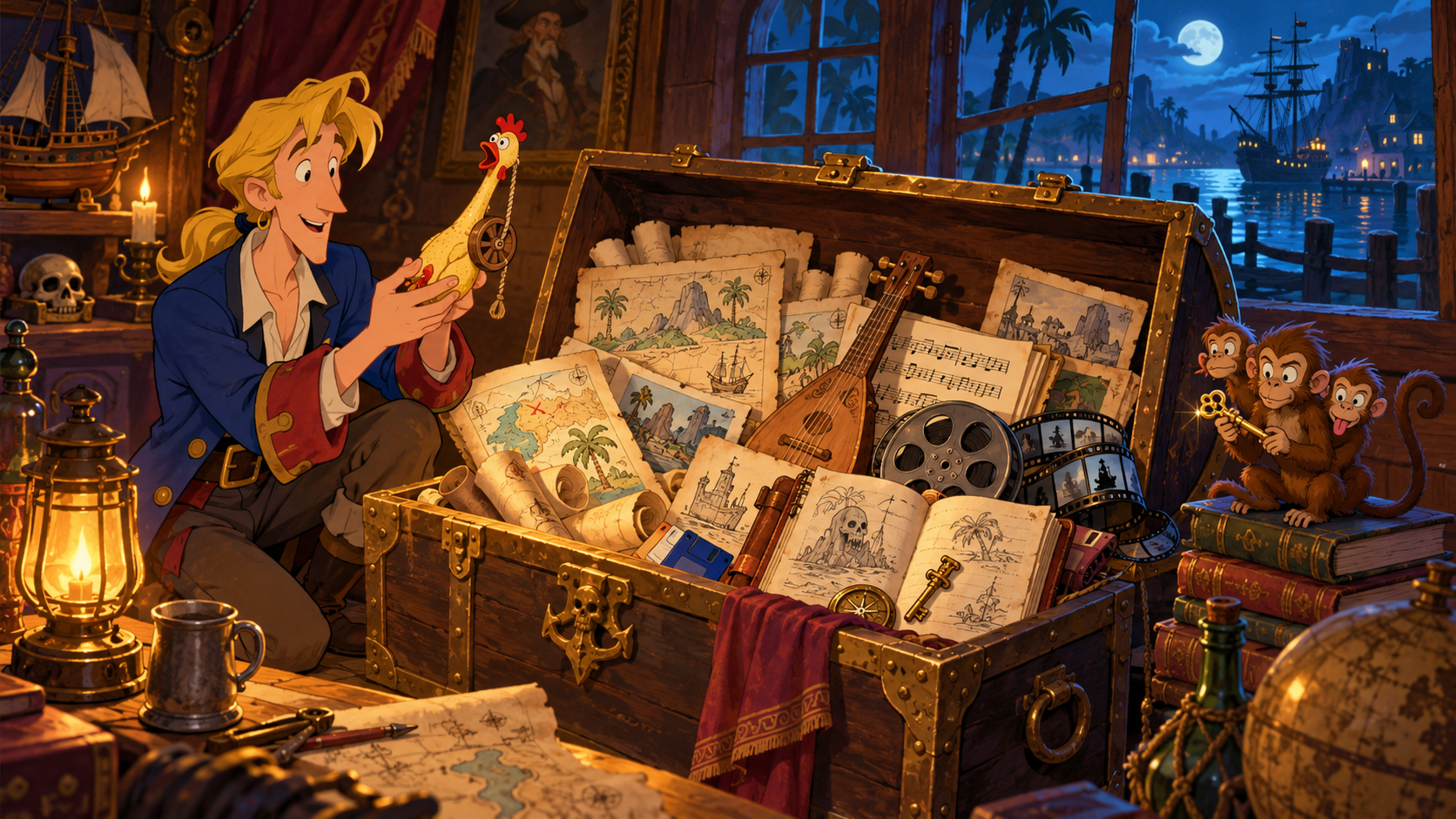 Guybrush scopre uno scrigno pieno di mappe, disegni, spartiti, pellicole e diari, mentre la scimmia a tre teste custodisce una chiave.